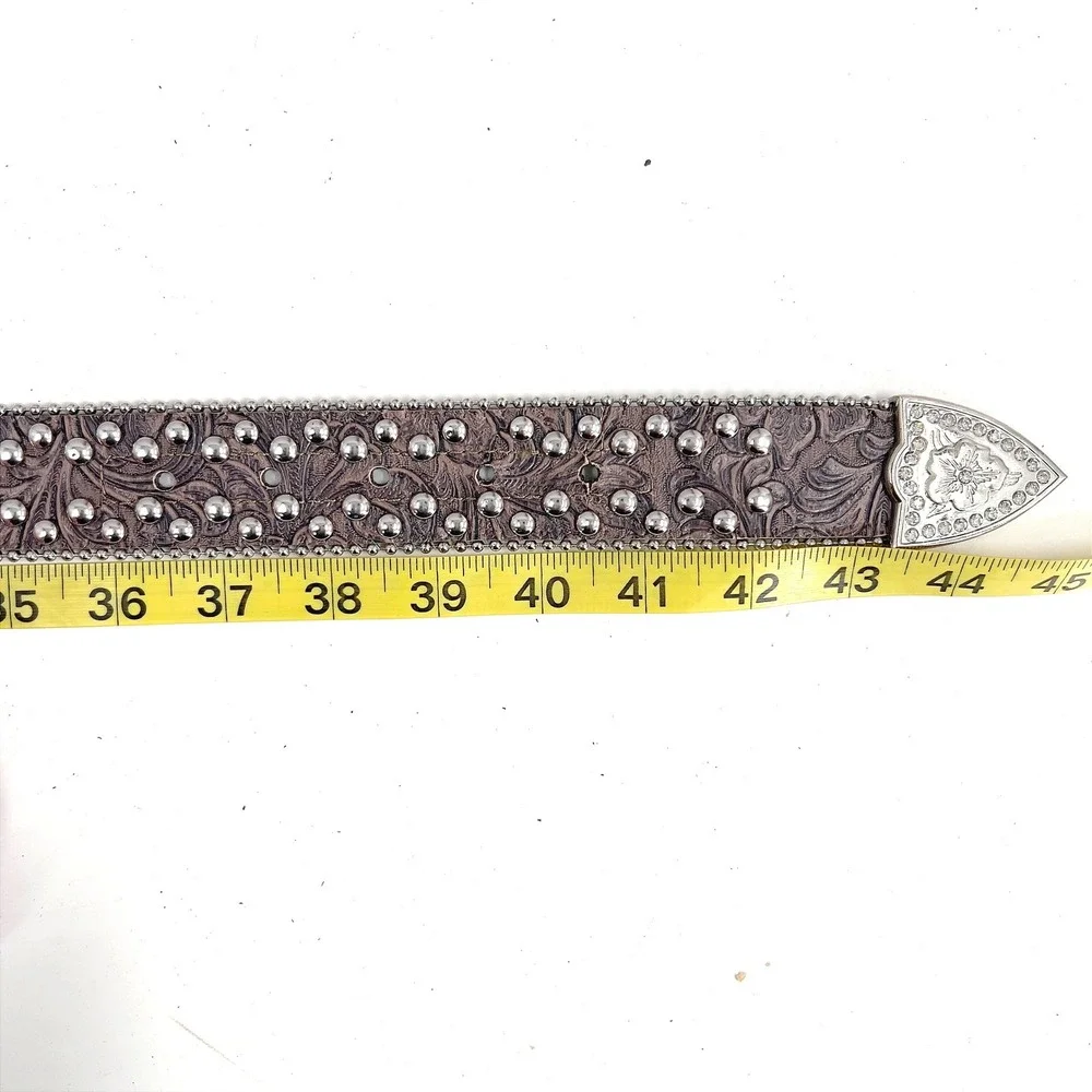 Women's Western Belt Brown Floral Embossed Rhinestone Studded Silver Bling Y2K L